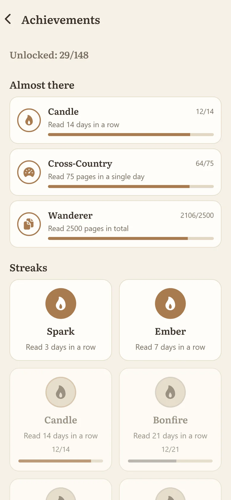 Achievements screen with badges and progress towards unlocking them