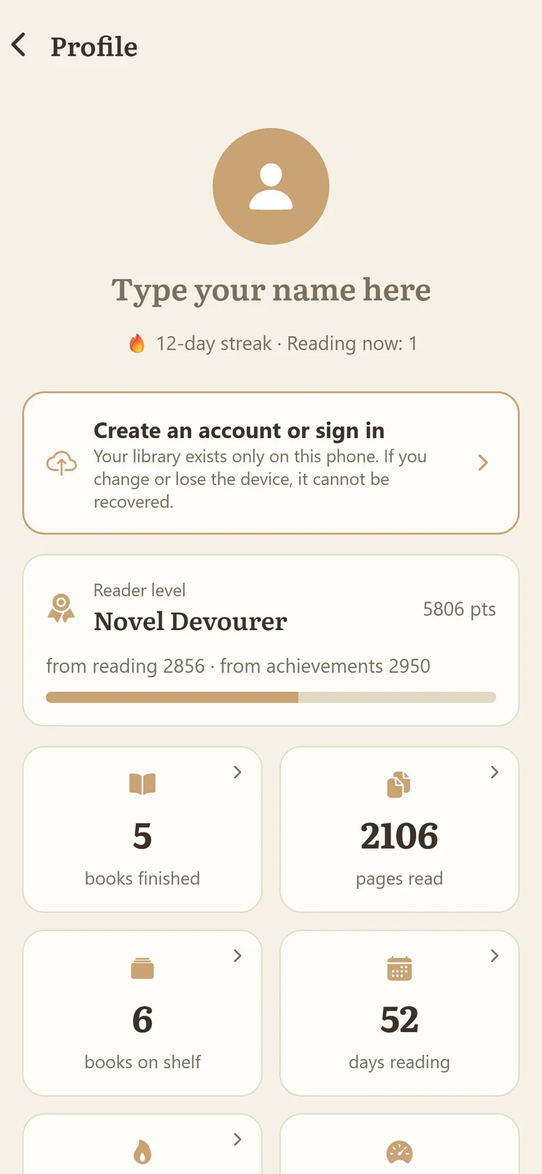 Reader profile with finished books, pages read, reading days and the longest streak