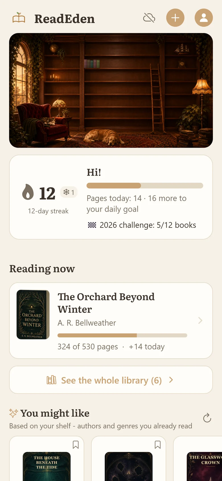 ReadEden home screen with shelves, a reading streak, a yearly goal and book recommendations