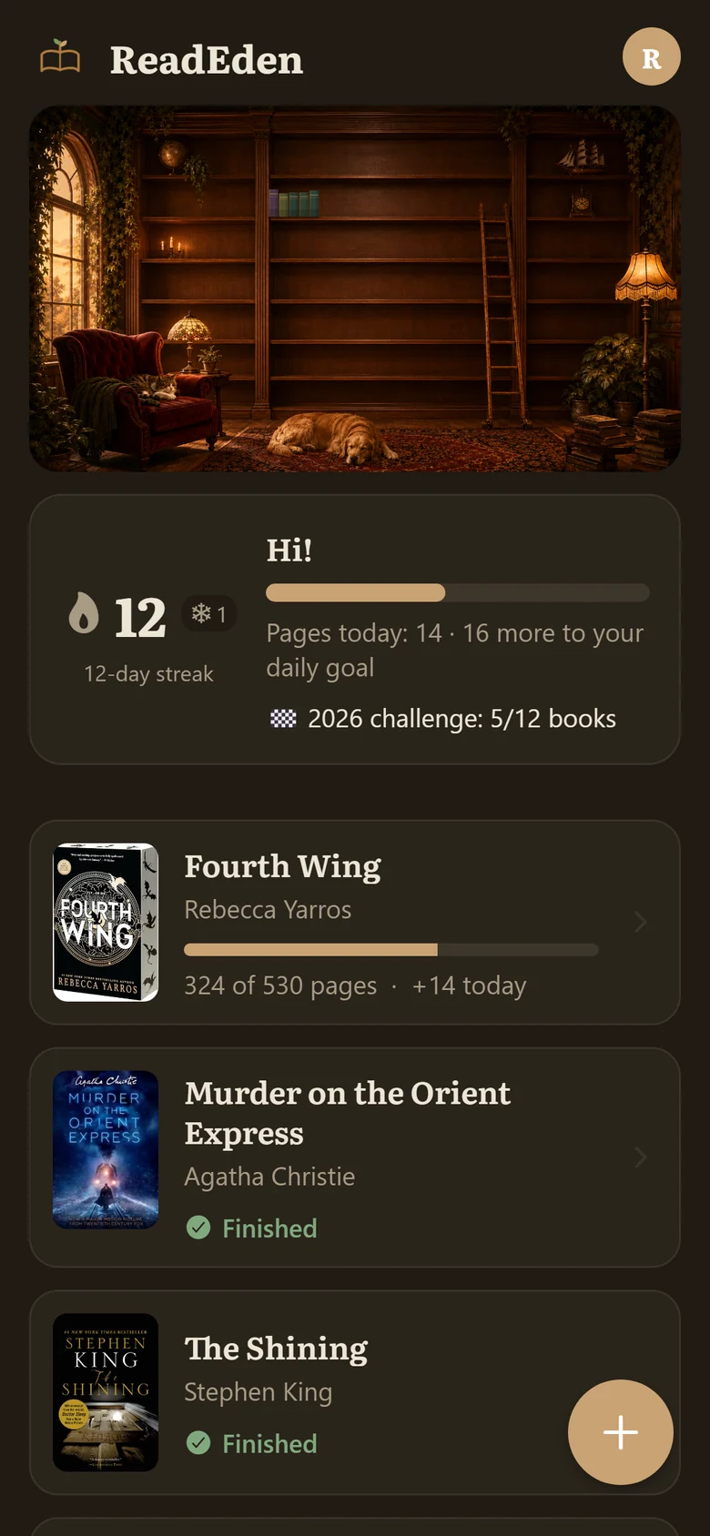 ReadEden home screen: a 12-day streak, the daily goal half done and a list of books with progress bars