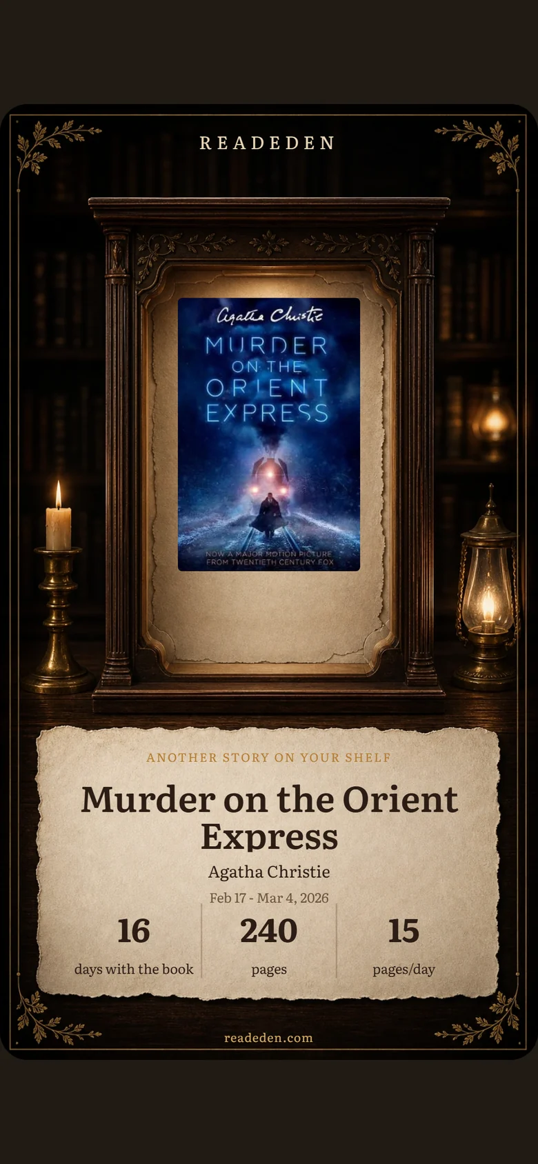 Social media card: the book cover in a frame, title, author and the number of days with the book, pages and pages per day