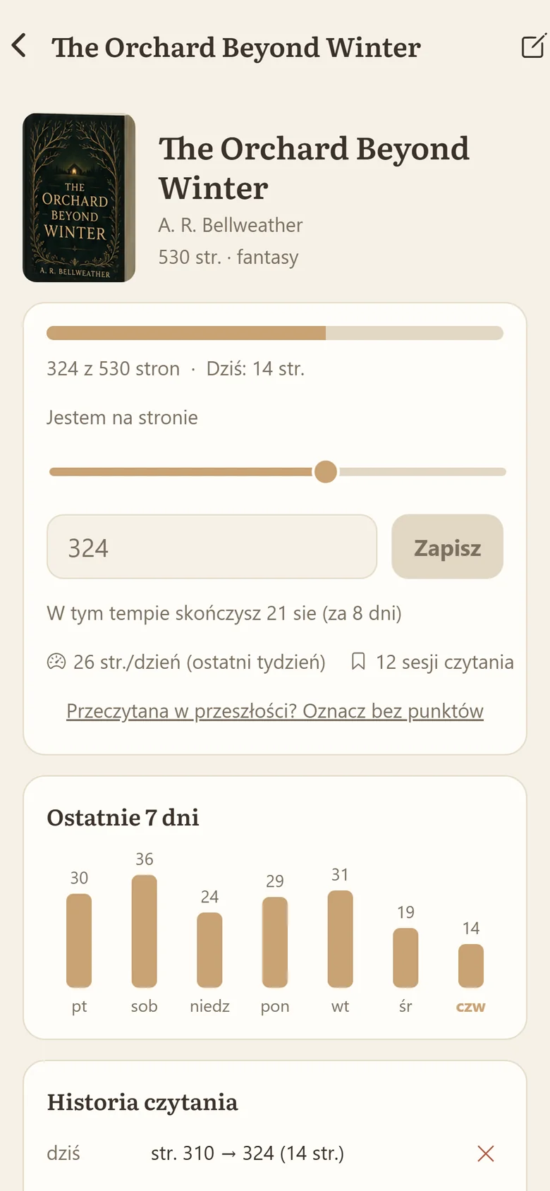 ReadEden na telefonie: postęp fikcyjnej książki The Orchard Beyond Winter, 324 z 530 stron