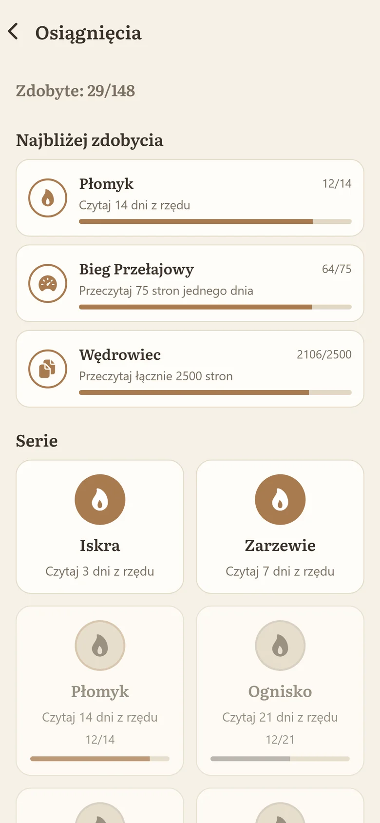 Ekran osiągnięć z odznakami i postępem prowadzącym do ich zdobycia