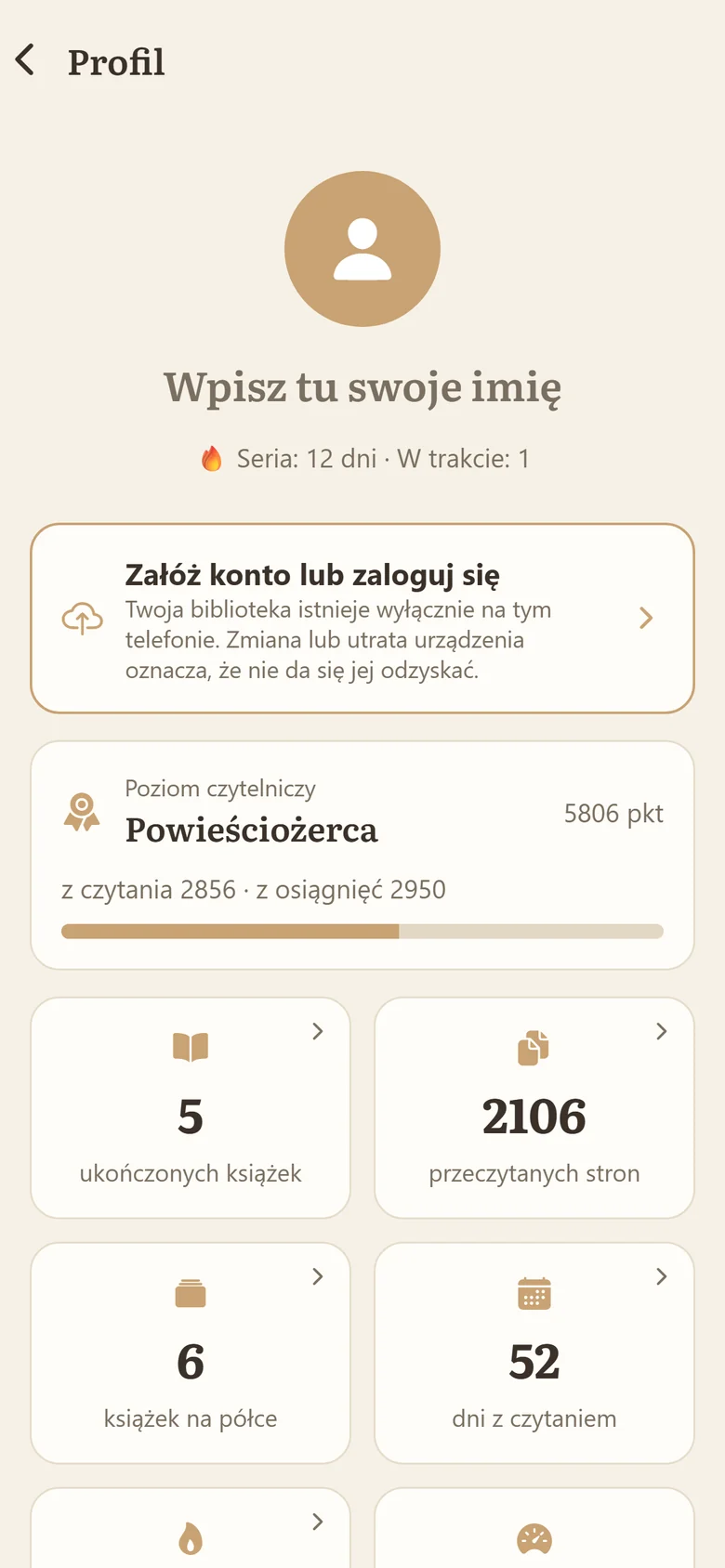 Profil czytelniczy z liczbą książek, stron, dni z czytaniem i najdłuższą serią