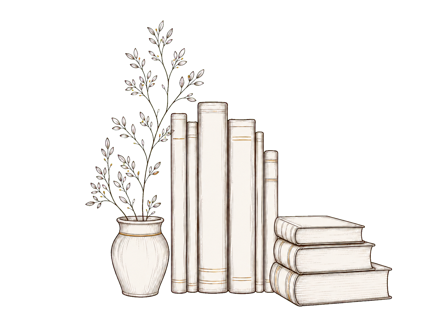 An illustration of books and a plant in a vase